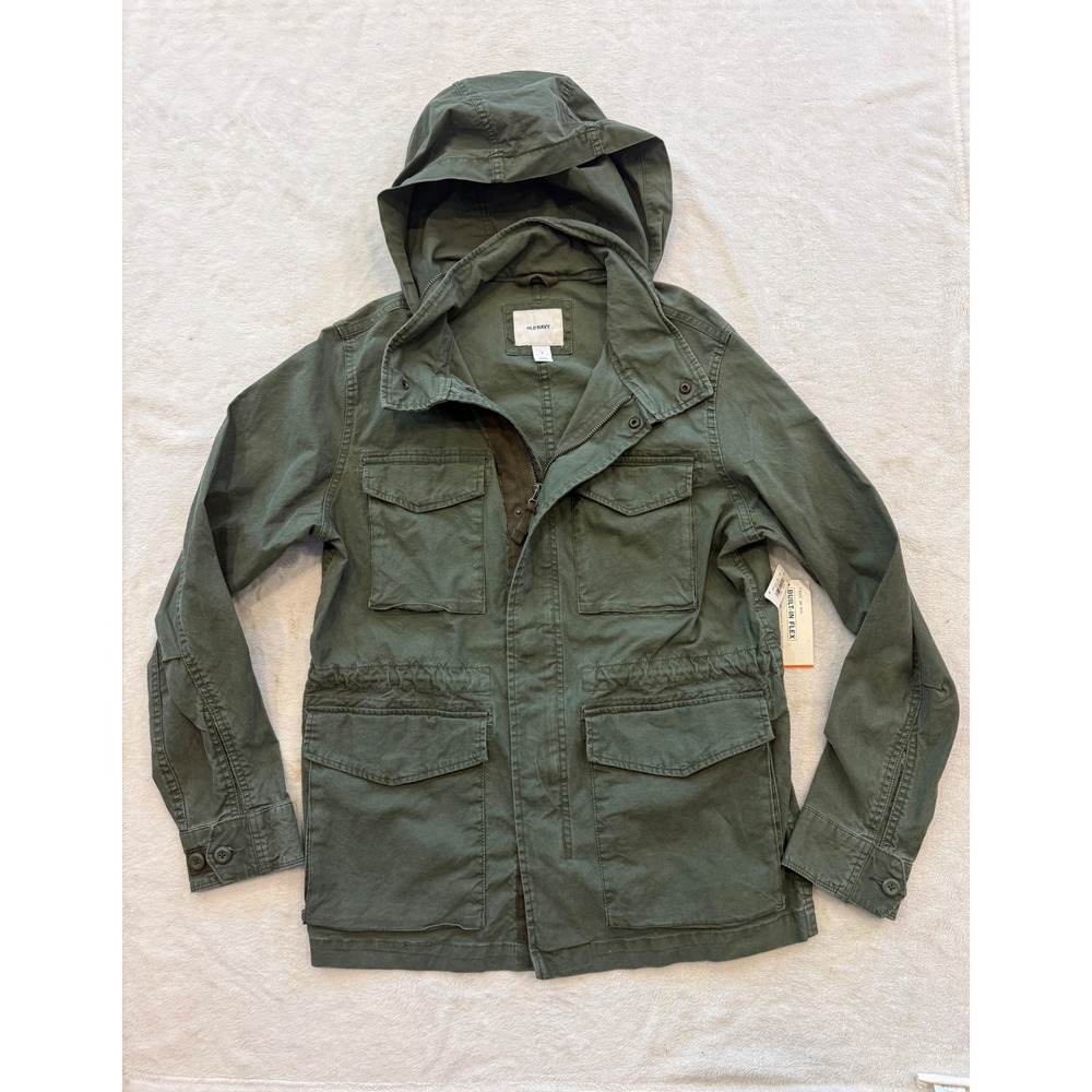 Old Navy Mens Small Built-In Flex Utility Field Jacket Olive Green Hooded NWT